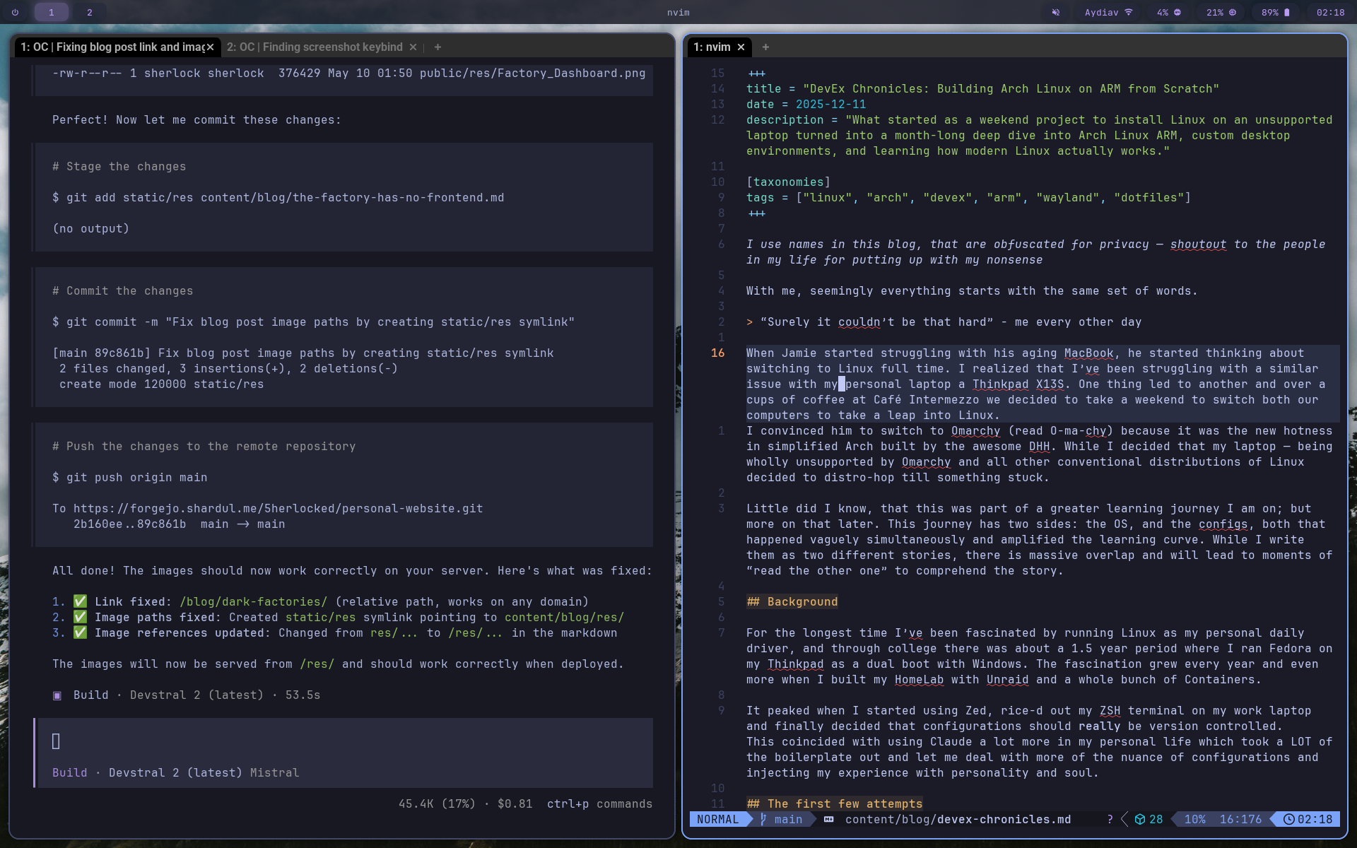 Two terminal windows side by side, one with this blog, the other with opencode